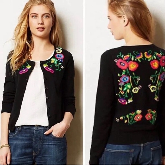 Anthropologie Sweaters - Anthropologie HWR Monogram Black Cardigan with Colorful Floral Embroidery